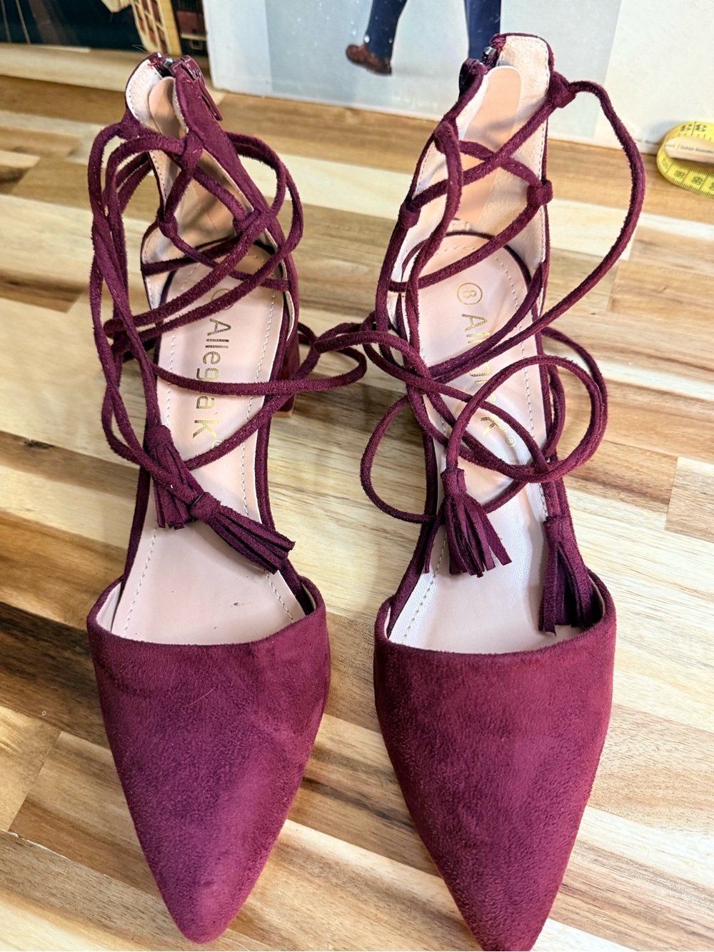Allegra K Burgundy Lace-Up Pointed Toe Heels girlhoodcore block heel collegiate